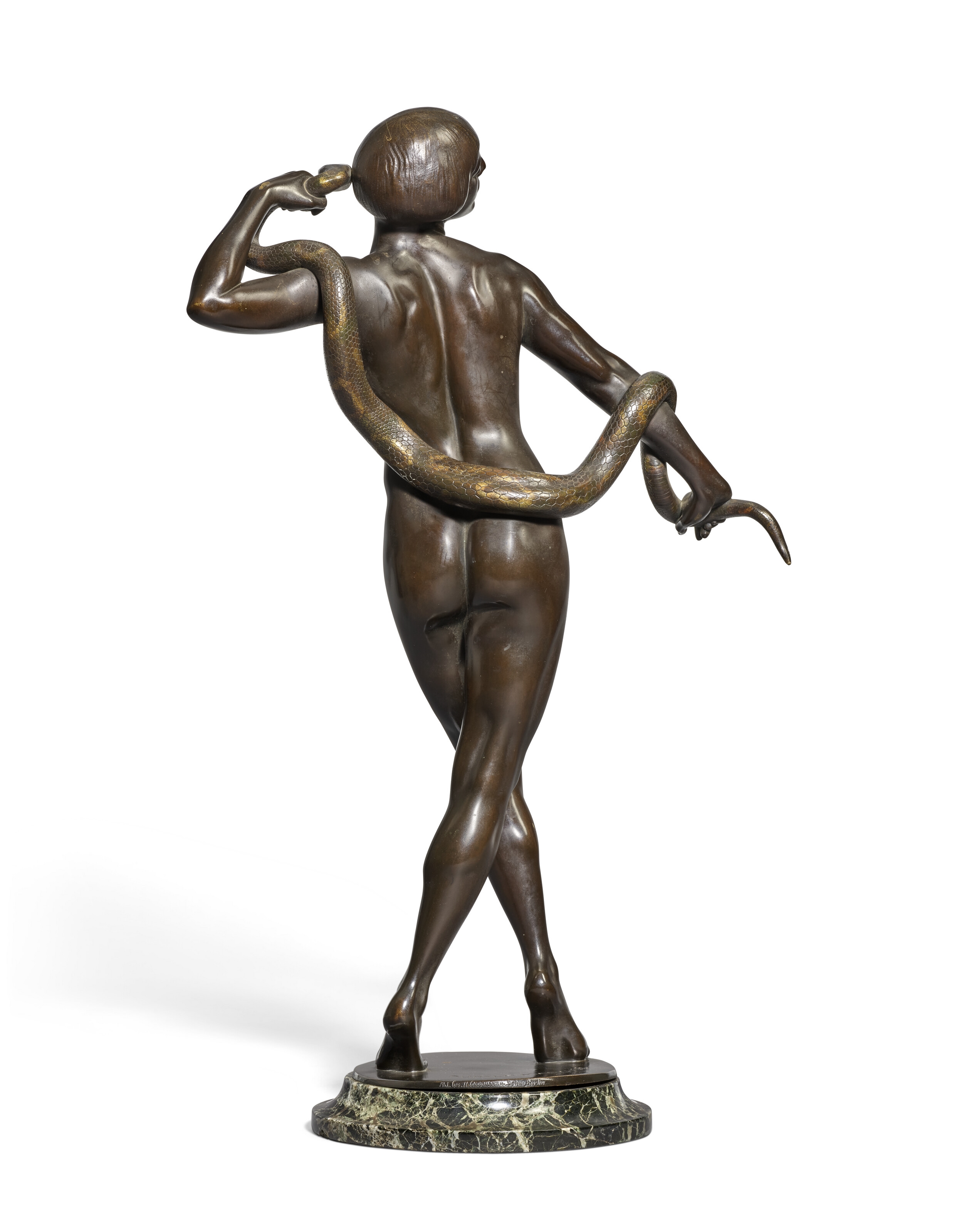 Artwork by Rudolf Marcuse, Snake Charmer, Made of patinated bronze with a dark brown patina