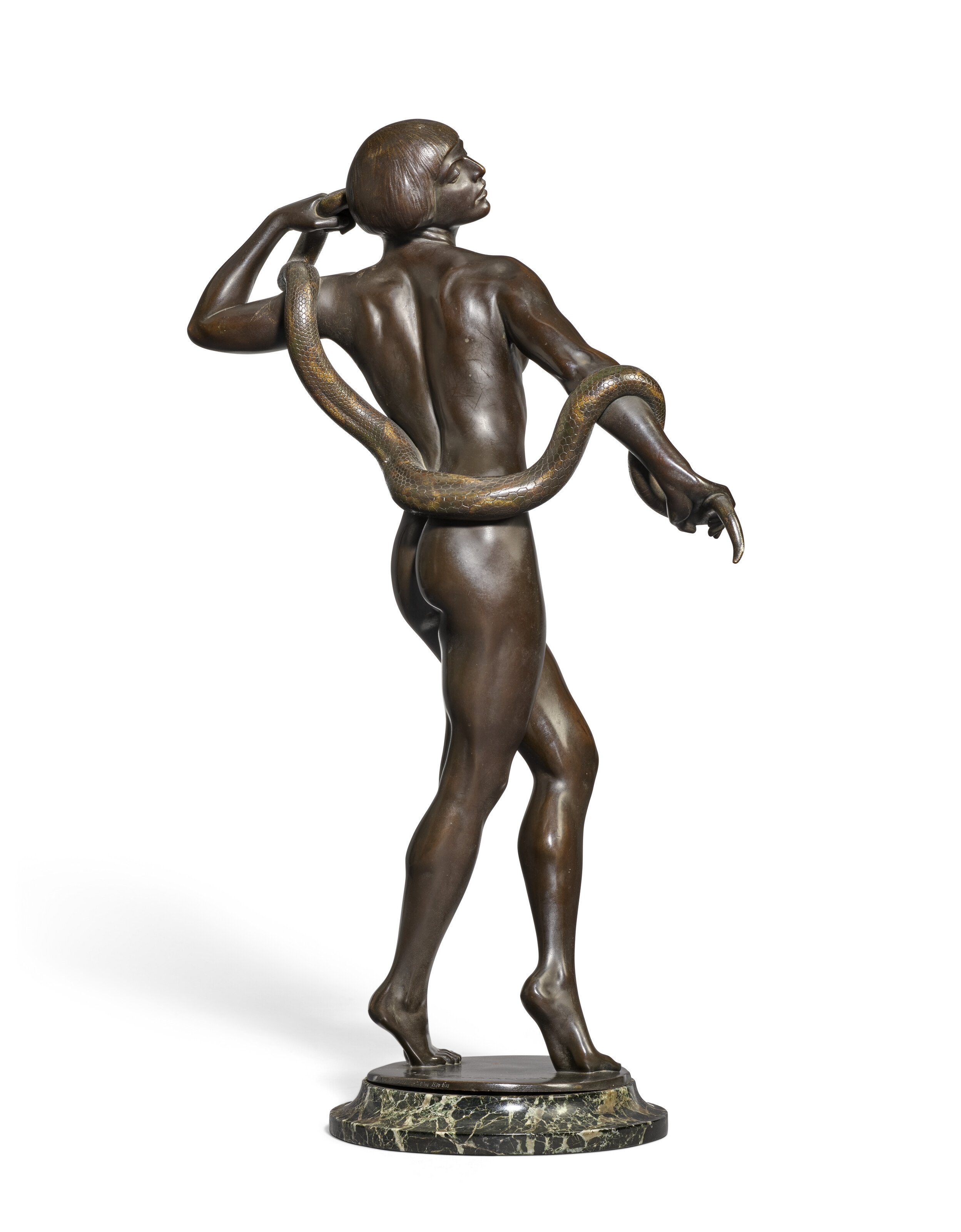 Artwork by Rudolf Marcuse, Snake Charmer, Made of patinated bronze with a dark brown patina
