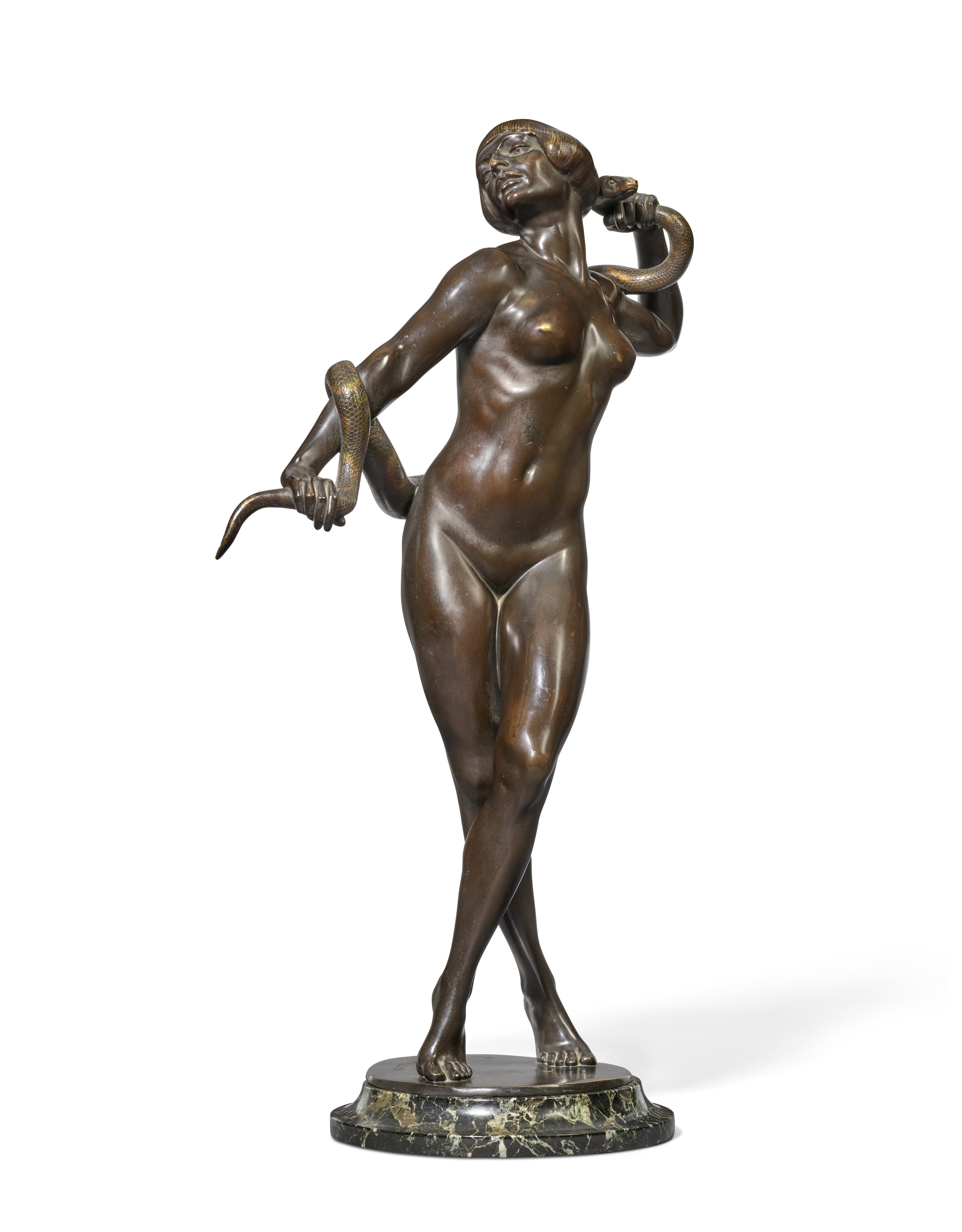 Artwork by Rudolf Marcuse, Snake Charmer, Made of patinated bronze with a dark brown patina