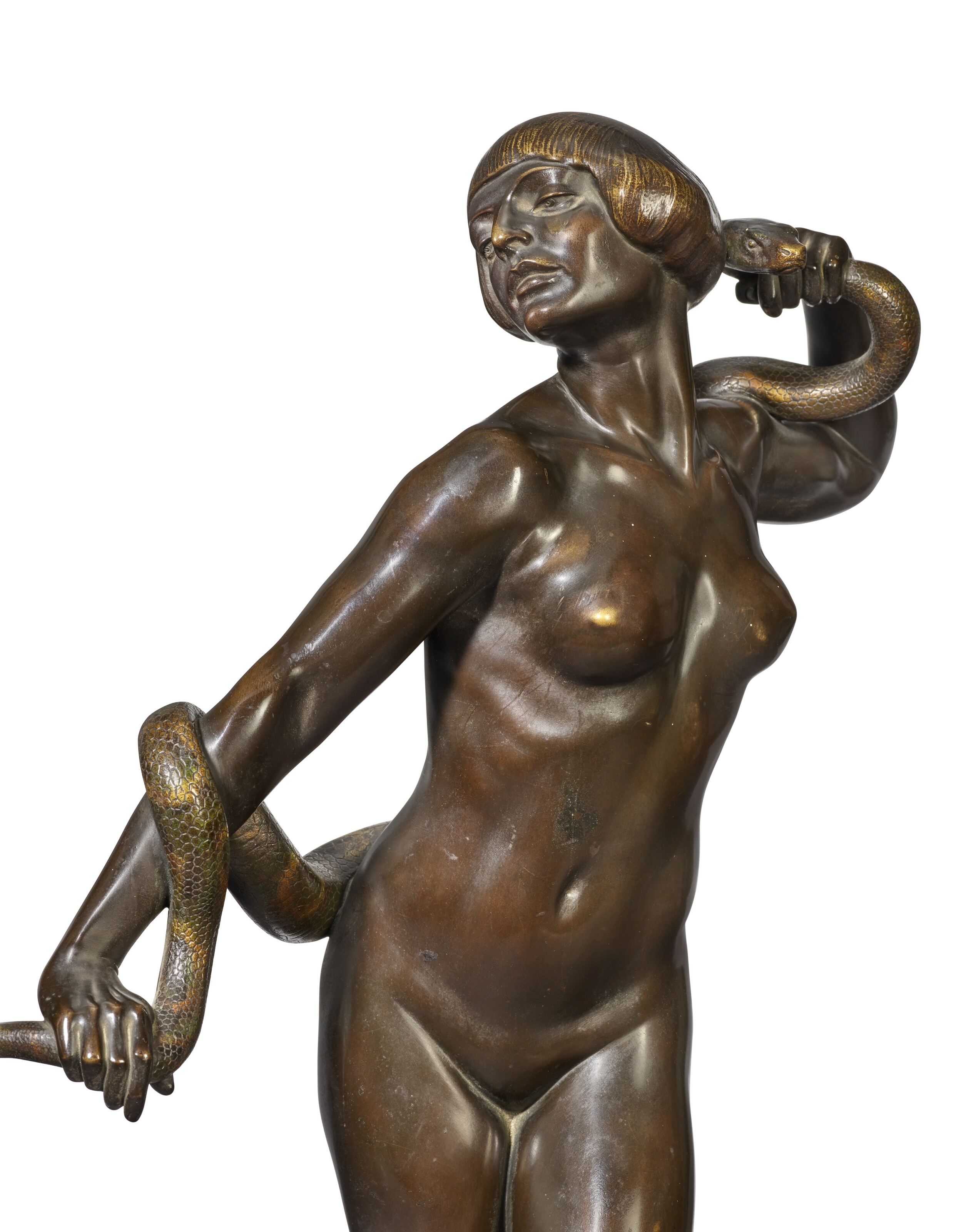 Artwork by Rudolf Marcuse, Snake Charmer, Made of patinated bronze with a dark brown patina
