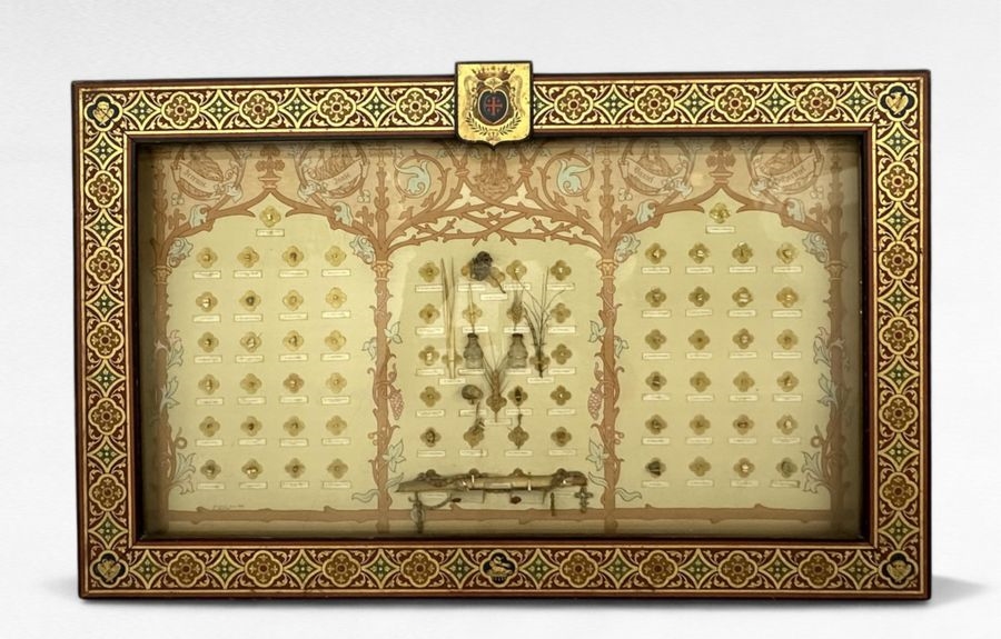 Artwork by Ed. Boutillier, Important neo-Gothic reliquary frame containing 74 relics made of pebbles or plants from holy places in the Old and New Testaments, Made of mounted on a panel