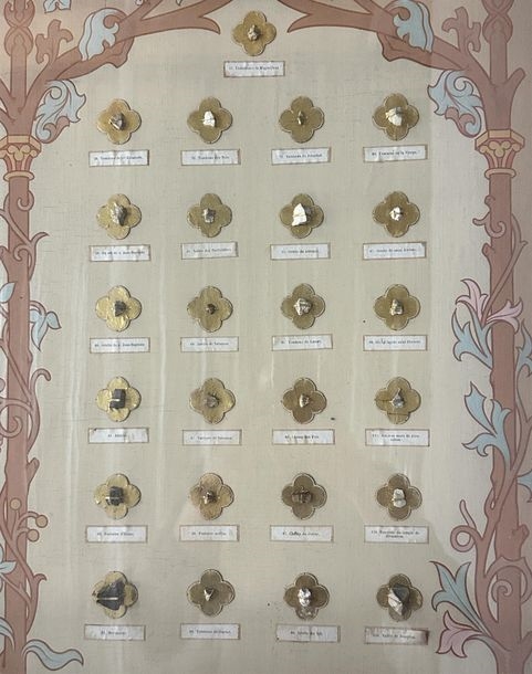 Artwork by Ed. Boutillier, Important neo-Gothic reliquary frame containing 74 relics made of pebbles or plants from holy places in the Old and New Testaments, Made of mounted on a panel