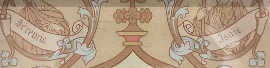 Artwork by Ed. Boutillier, Important neo-Gothic reliquary frame containing 74 relics made of pebbles or plants from holy places in the Old and New Testaments, Made of mounted on a panel