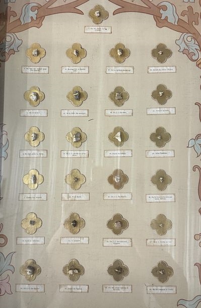Artwork by Ed. Boutillier, Important neo-Gothic reliquary frame containing 74 relics made of pebbles or plants from holy places in the Old and New Testaments, Made of mounted on a panel