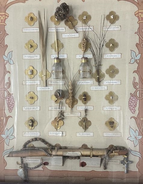 Artwork by Ed. Boutillier, Important neo-Gothic reliquary frame containing 74 relics made of pebbles or plants from holy places in the Old and New Testaments, Made of mounted on a panel