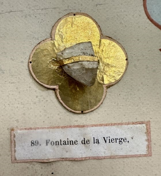 Artwork by Ed. Boutillier, Important neo-Gothic reliquary frame containing 74 relics made of pebbles or plants from holy places in the Old and New Testaments, Made of mounted on a panel