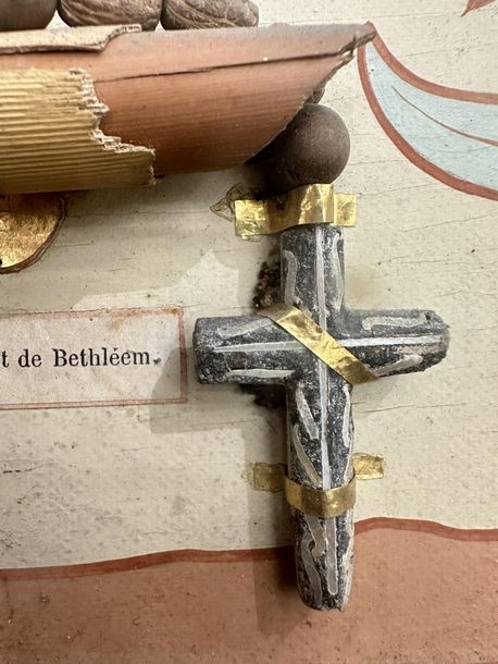 Artwork by Ed. Boutillier, Important neo-Gothic reliquary frame containing 74 relics made of pebbles or plants from holy places in the Old and New Testaments, Made of mounted on a panel