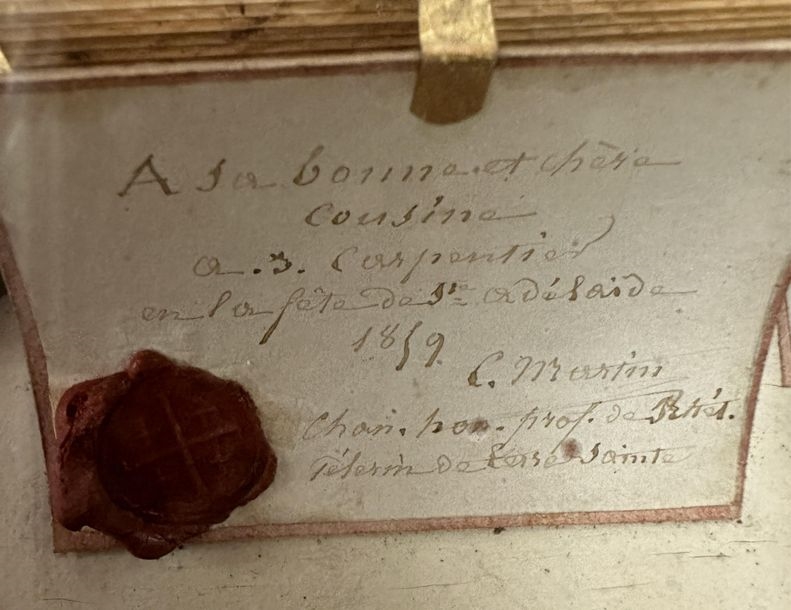 Artwork by Ed. Boutillier, Important neo-Gothic reliquary frame containing 74 relics made of pebbles or plants from holy places in the Old and New Testaments, Made of mounted on a panel