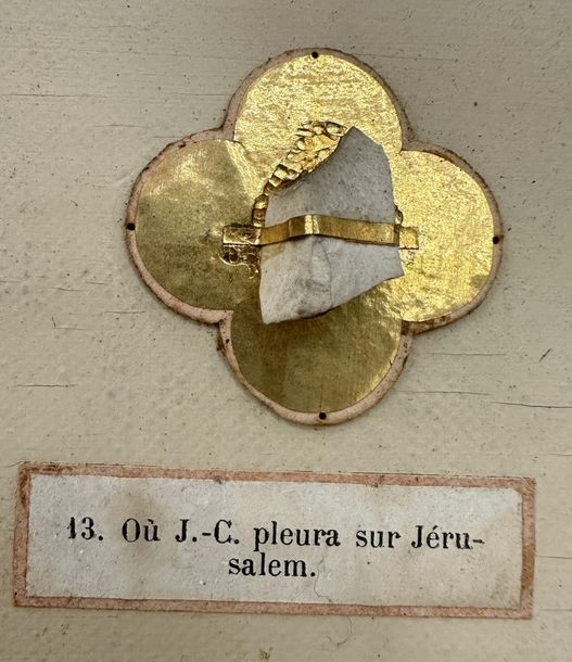 Artwork by Ed. Boutillier, Important neo-Gothic reliquary frame containing 74 relics made of pebbles or plants from holy places in the Old and New Testaments, Made of mounted on a panel