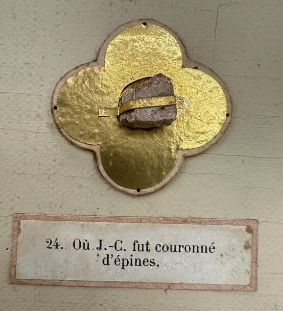 Artwork by Ed. Boutillier, Important neo-Gothic reliquary frame containing 74 relics made of pebbles or plants from holy places in the Old and New Testaments, Made of mounted on a panel