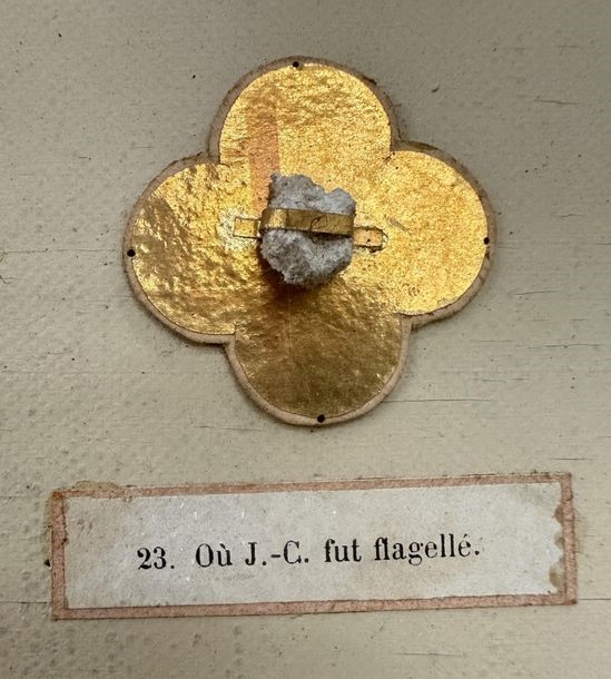 Artwork by Ed. Boutillier, Important neo-Gothic reliquary frame containing 74 relics made of pebbles or plants from holy places in the Old and New Testaments, Made of mounted on a panel