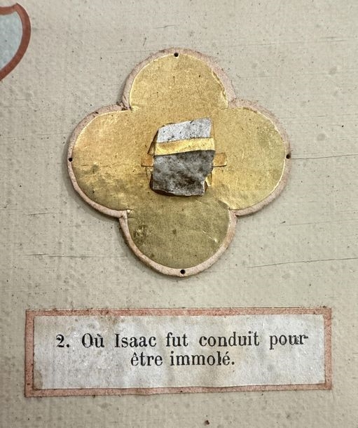 Artwork by Ed. Boutillier, Important neo-Gothic reliquary frame containing 74 relics made of pebbles or plants from holy places in the Old and New Testaments, Made of mounted on a panel