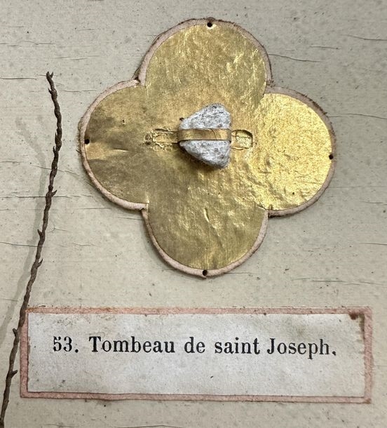 Artwork by Ed. Boutillier, Important neo-Gothic reliquary frame containing 74 relics made of pebbles or plants from holy places in the Old and New Testaments, Made of mounted on a panel