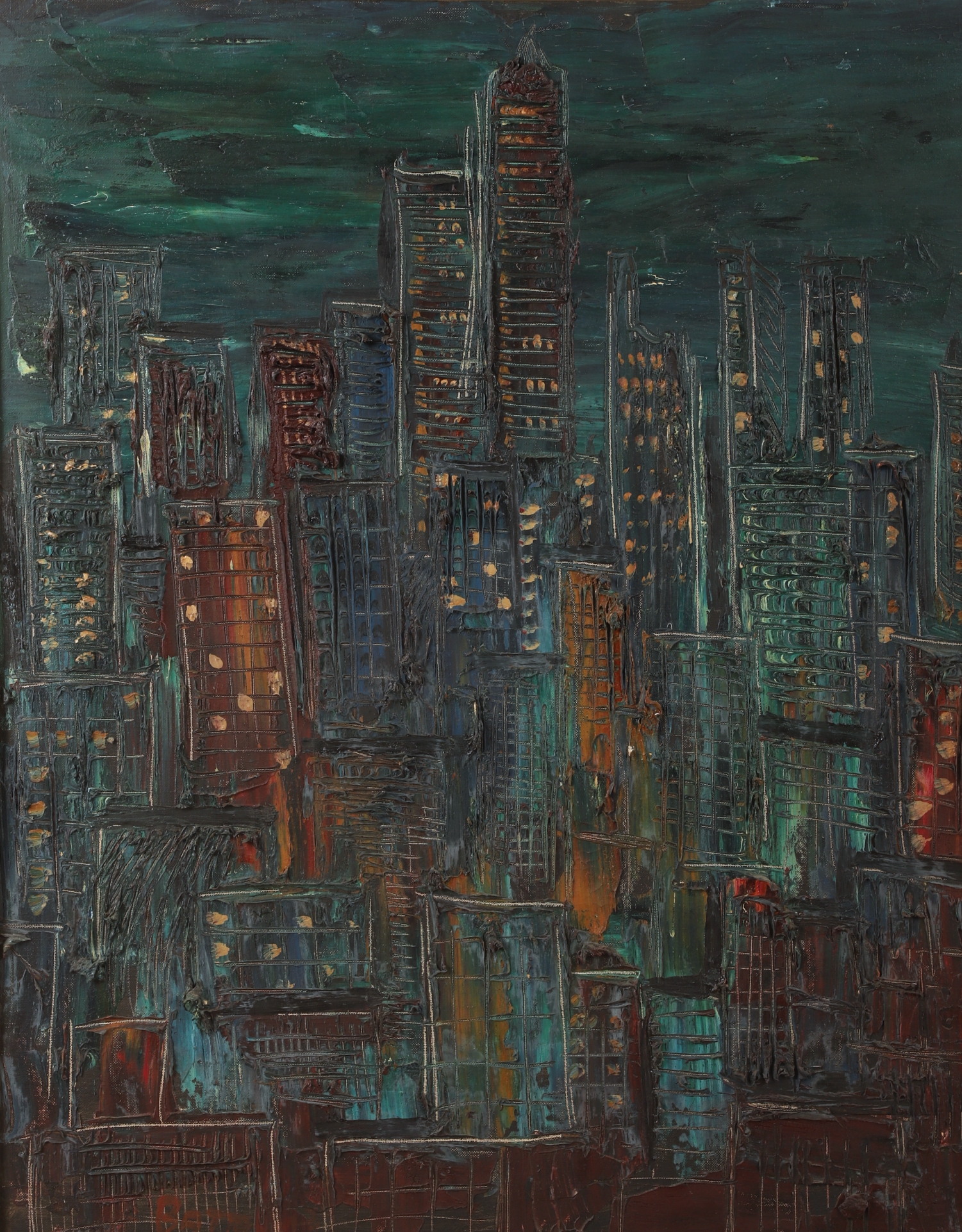 Artwork by Bata Protic, Mihailo Bata Protich Abstract Cityscape Painting, Made of thick impasto oil on canvas