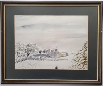 A winter scene with a river and bridge along with a winter scene of a town - N Hazel Dockery