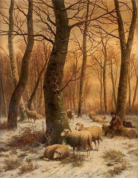 La conduite du troupeau de moutons dans un paysage enneigé. by Cornelis van Leemputten