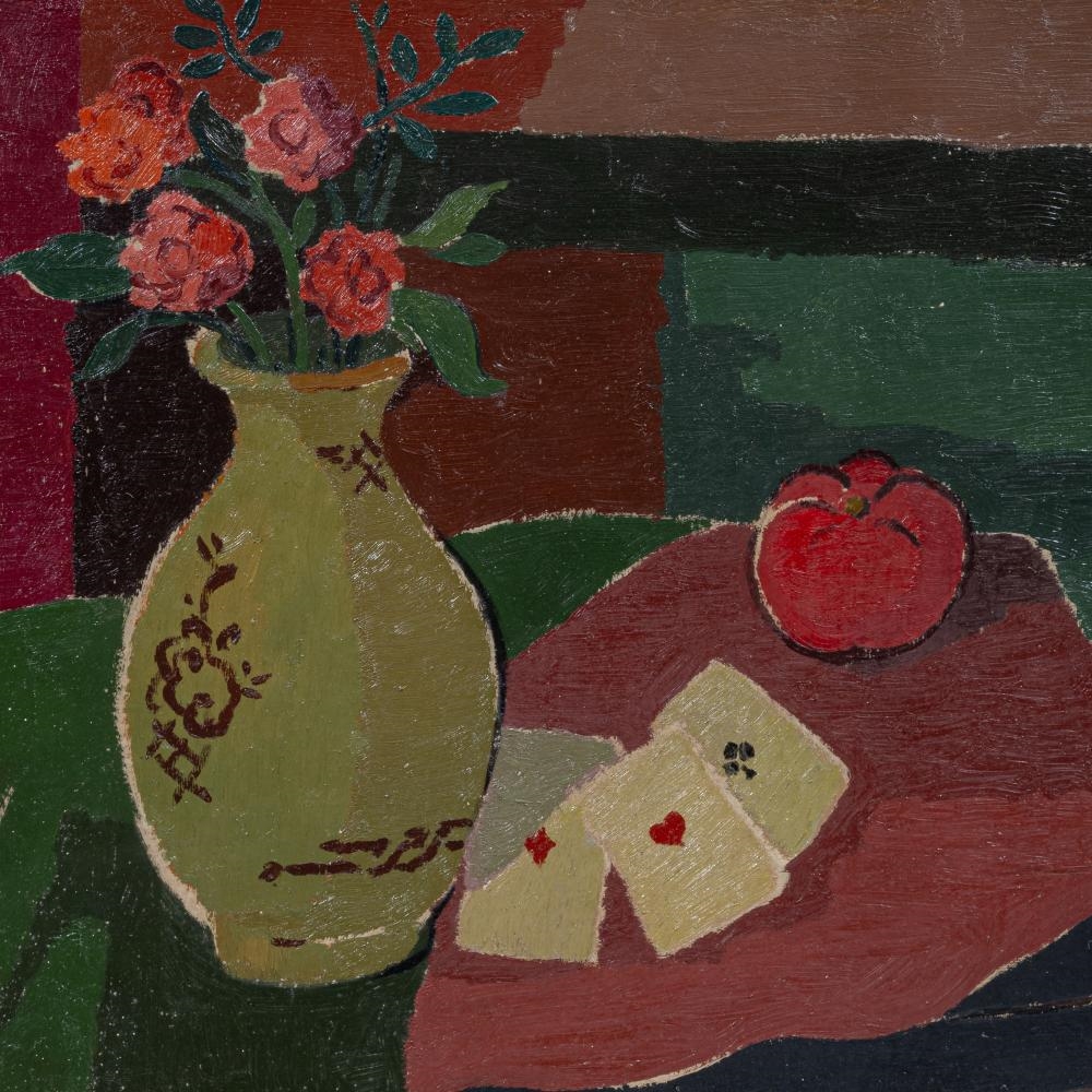 Jean Rets | still life with flower vase and playing cards | MutualArt