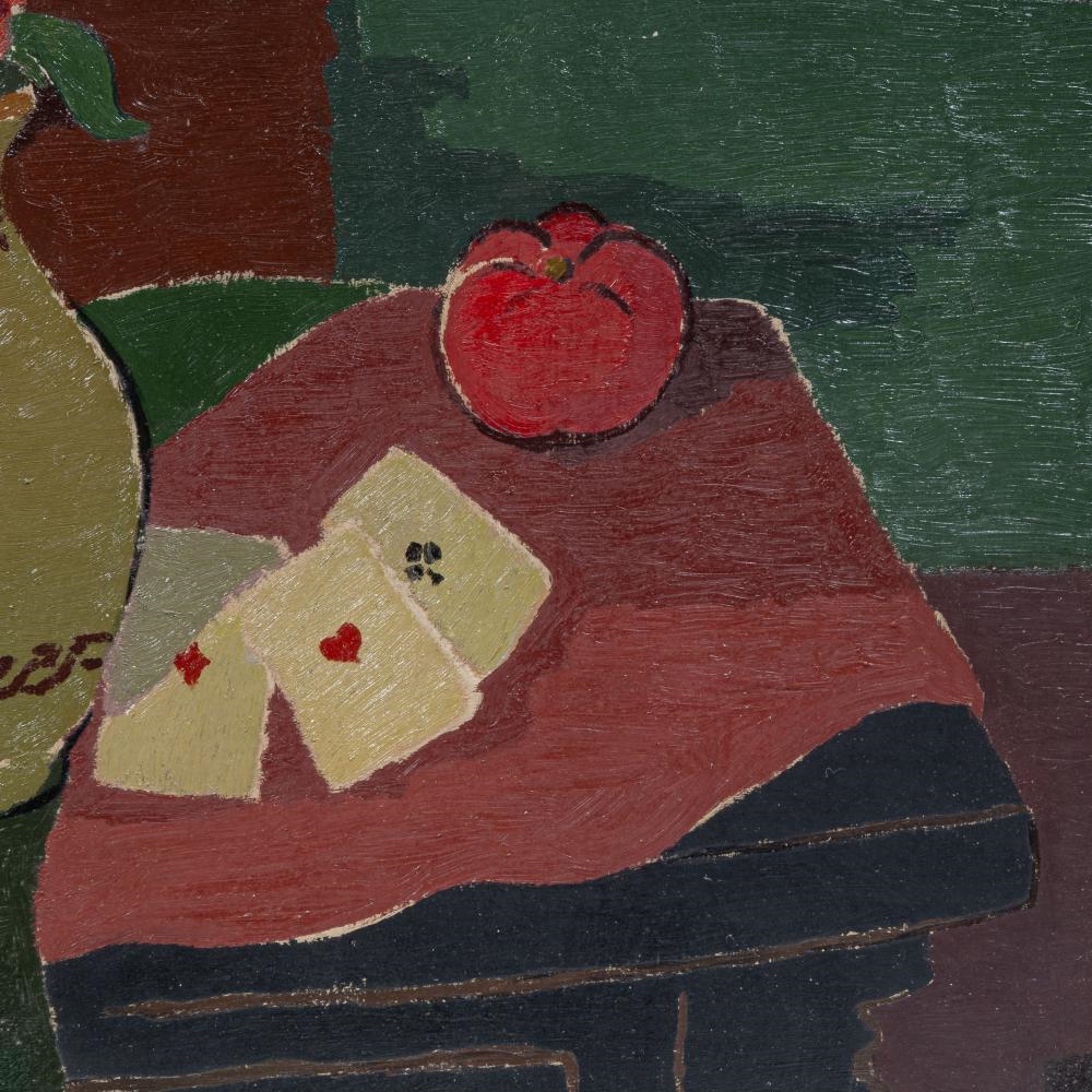 Jean Rets | still life with flower vase and playing cards | MutualArt