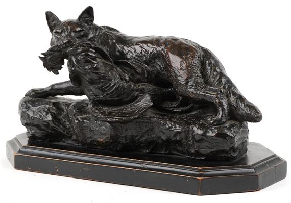 Sculpture of a fox catching a pheasant on a rocky base - Harry Dixon