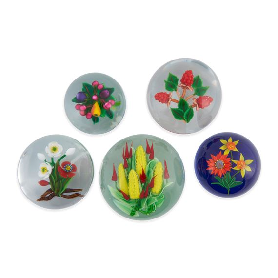 Ken Rosenfeld | FIVE KEN ROSENFELD FLORAL AND FRUIT GLASS PAPERWEIGHTS ...