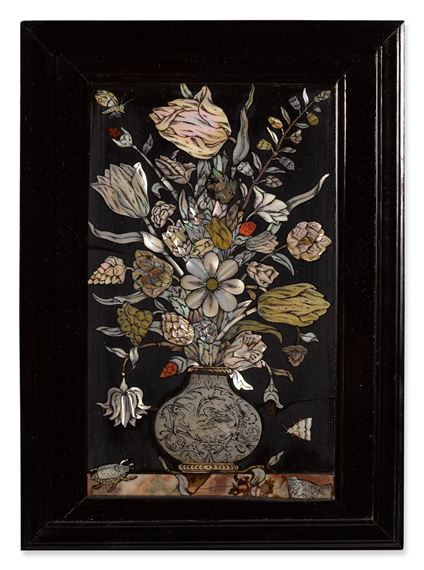 A bouquet of tulips and various other blooms around which butterflies flit - Dirck Van Rijswijck