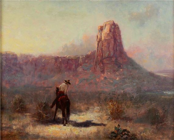 Southwest landscape with a lone rider on horseback by Raphael Lillywhite