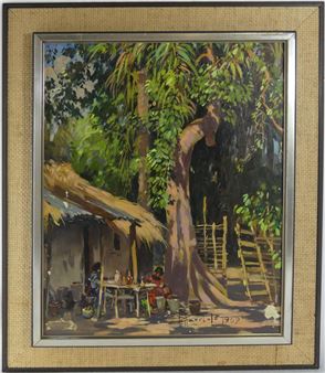 Filipino oil painting on board depicting women seated under trees attributed to Fernando Cueto Amorsolo - Fernando Amorsolo