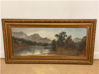 Landscape, river with mountains in the background - J. Bryant