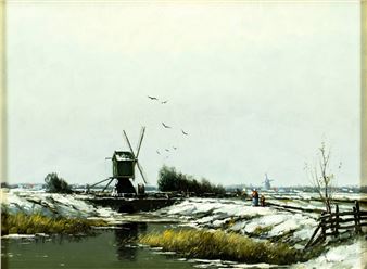 Winter Windmill Landscape - Netherlandish School