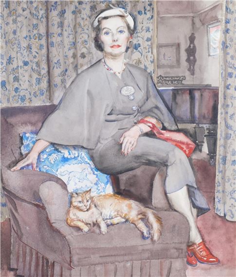 Russell Reeve | portrait of the artist's wife and cat (1953) | MutualArt
