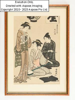 Nachschnitt,Sako suzumi (Die kühle Luft bei Nakazu genießend), aus der Serie: "Tosei yuri bijin awase" (Modische Schönheiten in den Vergnügungsvierteln), signiert Kiyonaga ga, Verleger Watanabe, ursprüngliche Datierung 1783 (Tenmei 3), minimal fleckig und knitterfaltig, Passep., 37,8 x 25,5 cm by Torii Kiyonaga, Datierung 1783