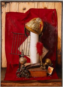 .
Nature morte au casque de pompier.
Huile sur toile, signée.
H_92 cm L_66 cm - Primerose Boscolo