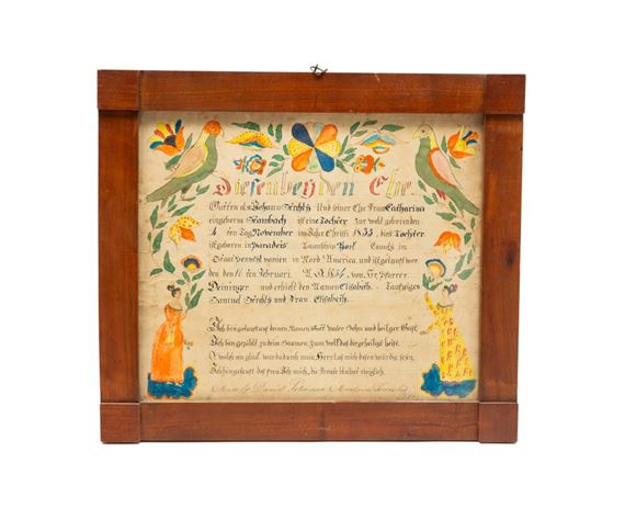 Having depictions of parrots, flowers, and women surrounding text - Daniel Peterman