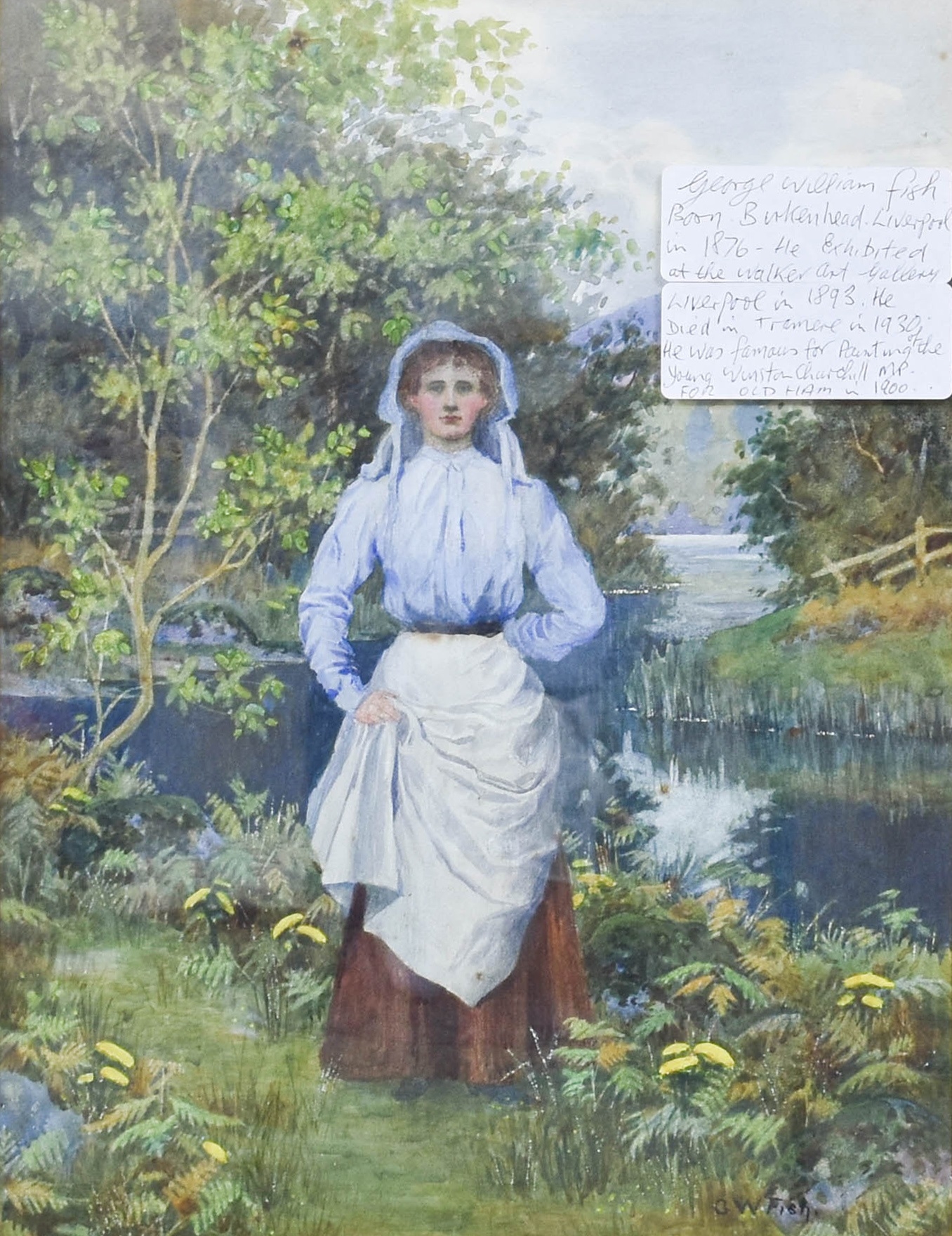 George William Fish | Country girl in a lake land landscape | MutualArt