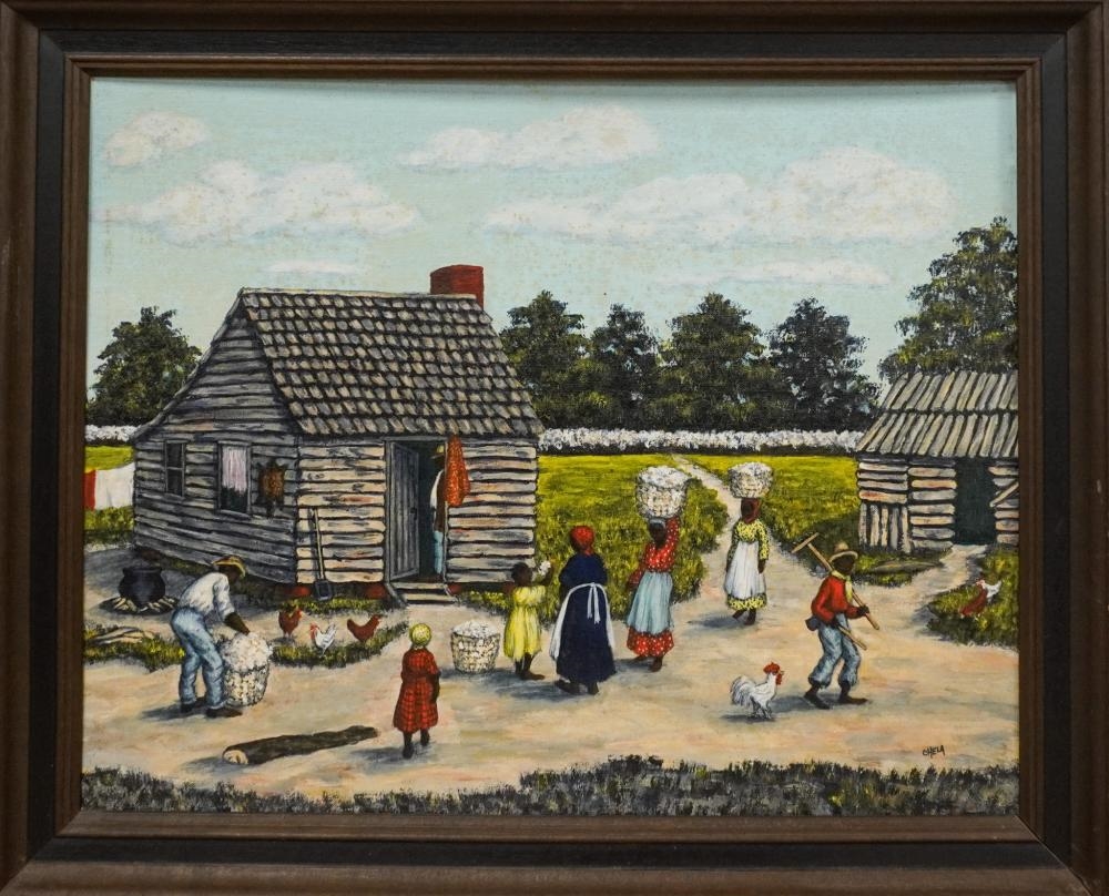 Artwork by Chela Morgan, Cabin and Shed Scene, Made of Acrylic on Canvas Board