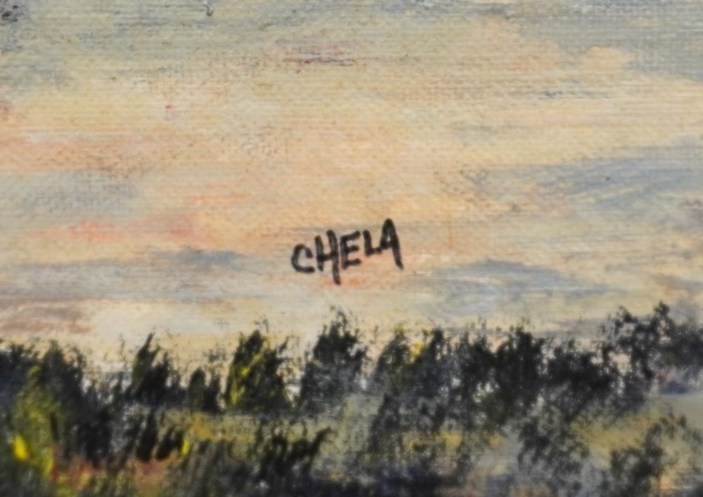 Artwork by Chela Morgan, Cabin and Shed Scene, Made of Acrylic on Canvas Board