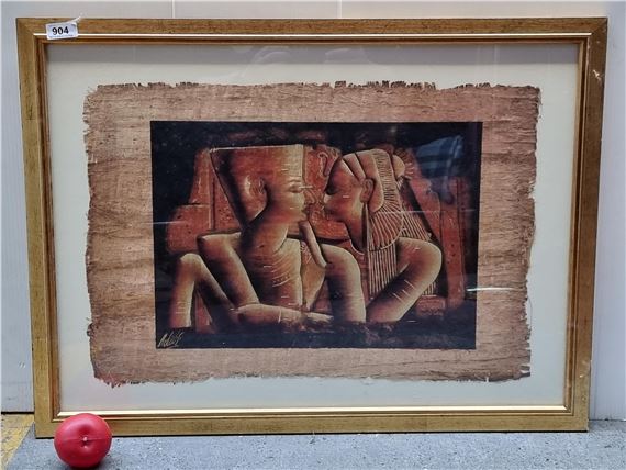 Adel Ghabour' metallic and oil on papyrus painting. Features 'Ramses the Great and Queen Nefertari - Adel Ghabour