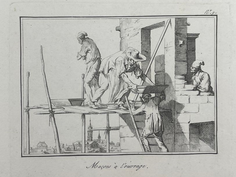 Artwork by Jean Duplessis-Bertaux, DUPLESSI-BERTAUX (J.). Recueil de cent sujets de divers genres composés et gravés à l'eau-forte. Paris, chez les éditeurs [Joubert], 1814. 8° oblong, black half-basin with corners, smooth spine filleted and fleuronné (binding worn, inner hinge split, marg. russeting and browning). Illustrated collection of 100 etchings by Duplessi-Bertaux published in 8 issues, including a medallion portrait of the artist, an engraved title and 97 of the 98 plates depicting workers, soldiers, trades, itinerant m, Made of etching and engraving
