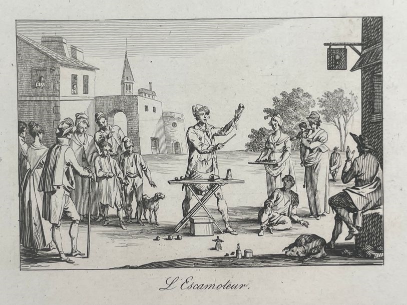 Artwork by Jean Duplessis-Bertaux, DUPLESSI-BERTAUX (J.). Recueil de cent sujets de divers genres composés et gravés à l'eau-forte. Paris, chez les éditeurs [Joubert], 1814. 8° oblong, black half-basin with corners, smooth spine filleted and fleuronné (binding worn, inner hinge split, marg. russeting and browning). Illustrated collection of 100 etchings by Duplessi-Bertaux published in 8 issues, including a medallion portrait of the artist, an engraved title and 97 of the 98 plates depicting workers, soldiers, trades, itinerant m, Made of etching and engraving