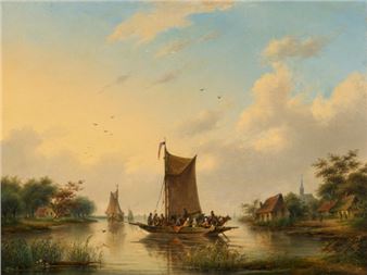 A serene river scene at golden hour featuring a crowded boat and distant village.