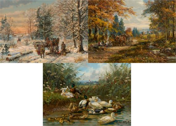 Drei Gemälde: Holzfäller im Winterwald / Holzfäller im Sommerwald / Enten am Wasser by Hubert Kaplan, 2014
