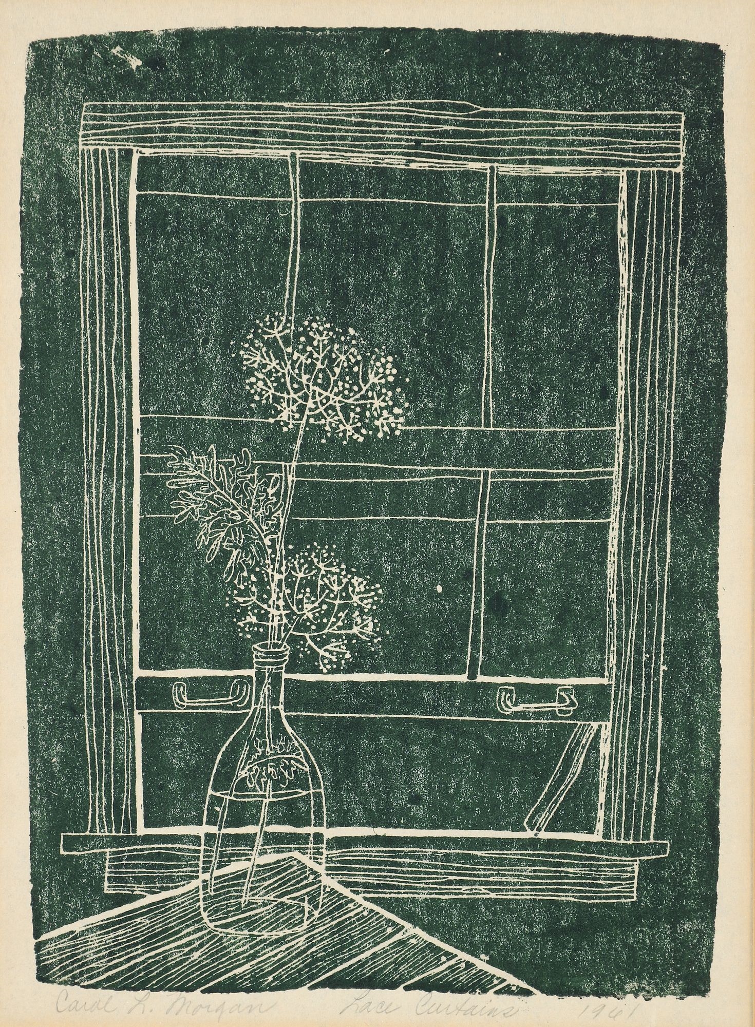 Artwork by Carol Morgan, Lace Curtains, Made of linocut