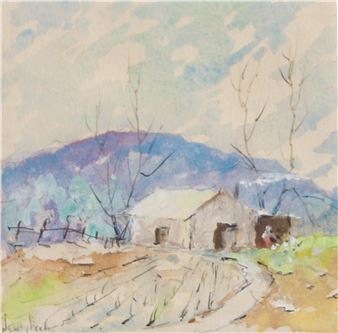 BC Landscape with Homestead and Figure Feeding Chickens - James Eccles
