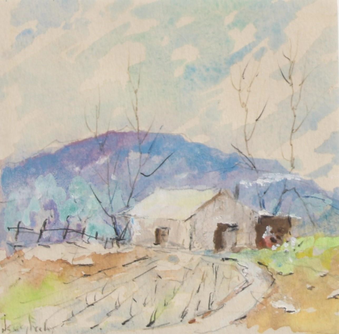 Artwork by James Eccles, BC Landscape with Homestead and Figure Feeding Chickens, Made of Watercolor