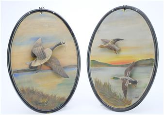 One with a pair of mallards in flight, the other with a Canada goose - John Hodge