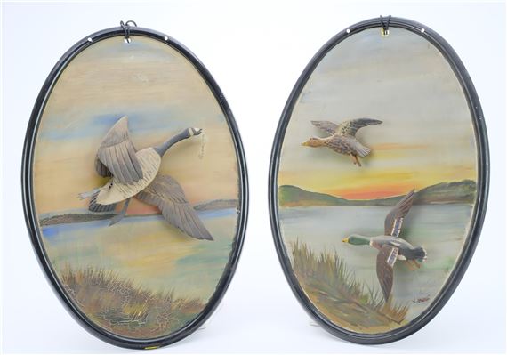 One with a pair of mallards in flight, the other with a Canada goose - John Hodge