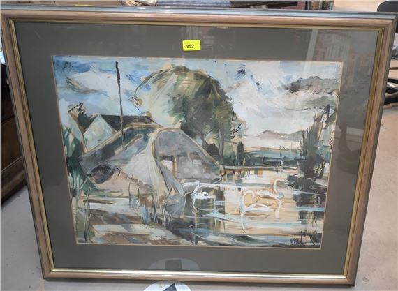 An abstract watercolour by Terry McGlynn with swans on a canal/river by Terry McGlynn