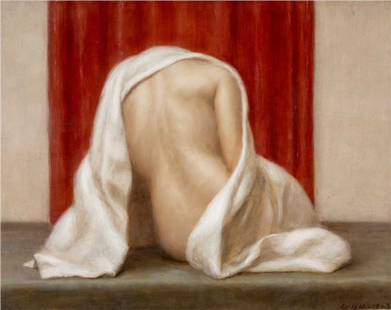 seated nude shrouded in white blanket by Harry Holland