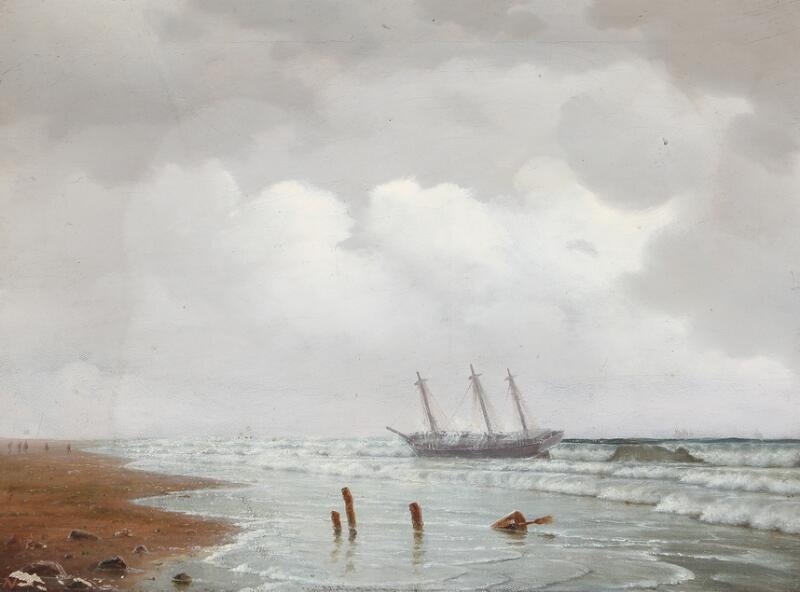Carl Neumann | Coastal view with a wrecked ship | MutualArt