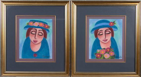 portrait of 2x girls with floral hats - H. Wessels